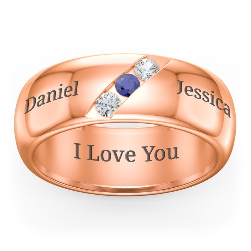Men's Triple Stone Grooved Ring – 10K Rose Gold with Cubic Zirconia and Blue Sapphire