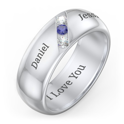 Men's Triple Stone Grooved Ring – Sterling Silver with Cubic Zirconia and Blue Sapphire