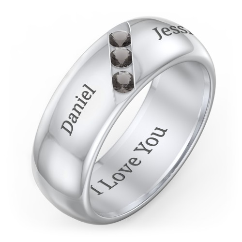 Men's Triple Stone Grooved Ring – Sterling Silver with Smokey Quartz