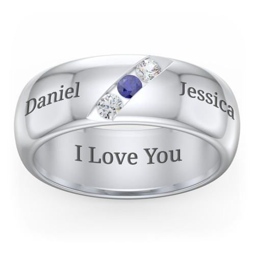 Men's Triple Stone Grooved Ring – Sterling Silver with Cubic Zirconia and Blue Sapphire