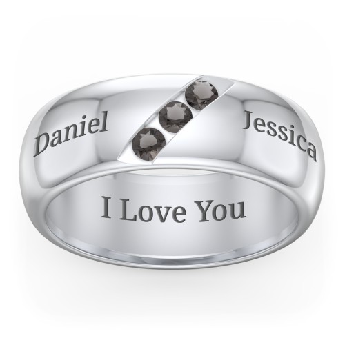 Men's Triple Stone Grooved Ring – Sterling Silver with Smokey Quartz