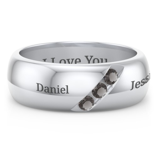 Men's Triple Stone Grooved Ring – Sterling Silver with Smokey Quartz