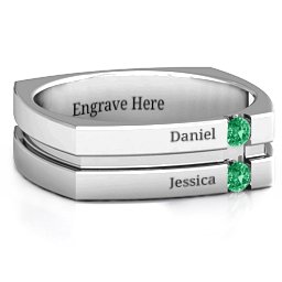 Men's Crevice Grooved Square-shaped Gemstone Ring in 925 Sterling Silver with Emerald
