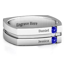 Men's Crevice Grooved Square-shaped Gemstone Ring in 925 Sterling Silver with Blue Sapphire