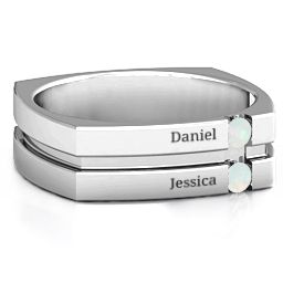 Men's Crevice Grooved Square-shaped Gemstone Ring in 925 Sterling Silver with Opal