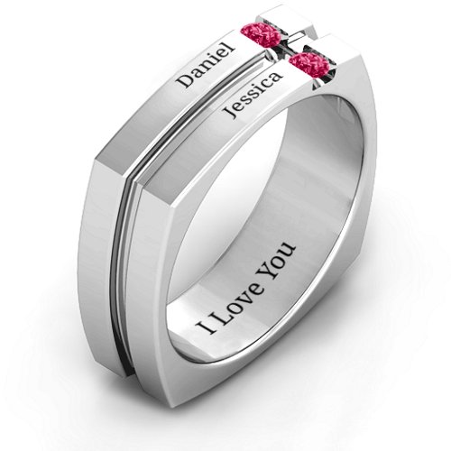 Men's Crevice Grooved Square-shaped Gemstone Ring – Sterling Silver with Ruby