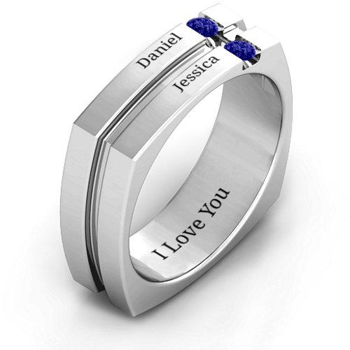 Men's Crevice Grooved Square-shaped Gemstone Ring – Sterling Silver with Blue Sapphire