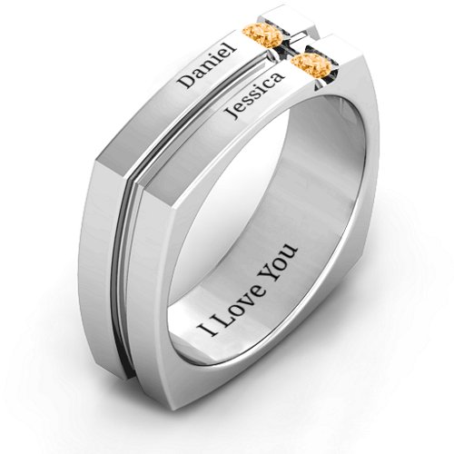 Men's Crevice Grooved Square-shaped Gemstone Ring – Sterling Silver with Citrine
