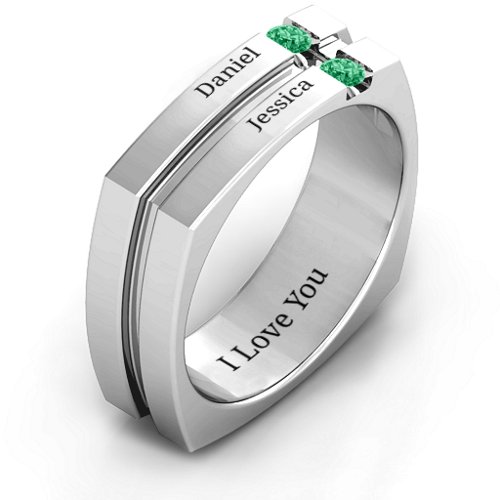 Men's Crevice Grooved Square-shaped Gemstone Ring – Sterling Silver with Emerald