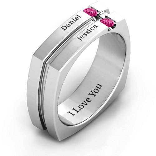 Men's Crevice Grooved Square-shaped Gemstone Ring – Sterling Silver with Ruby