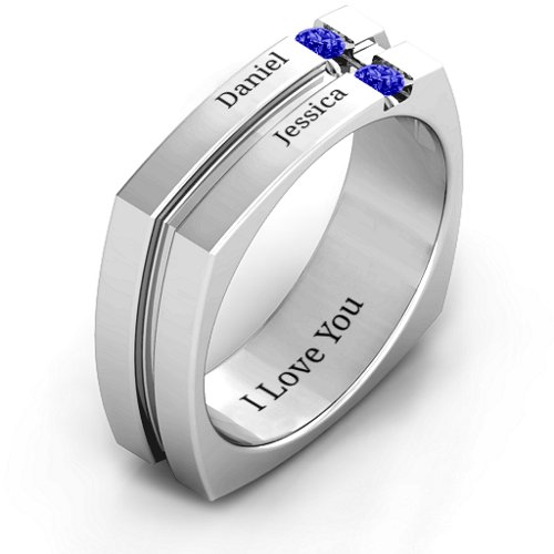 Men's Crevice Grooved Square-shaped Gemstone Ring – Sterling Silver with Blue Sapphire