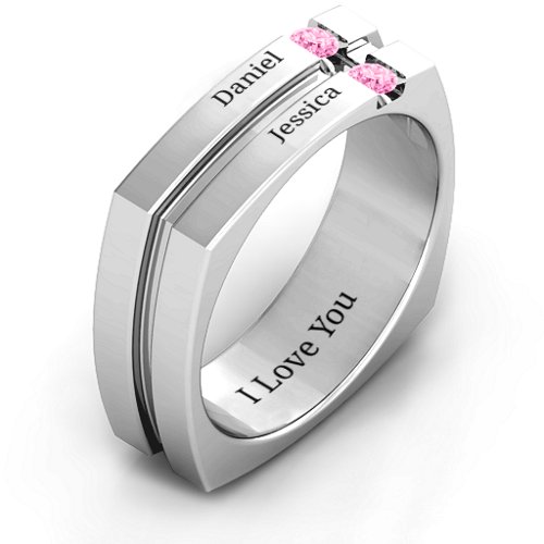 Men's Crevice Grooved Square-shaped Gemstone Ring – Sterling Silver with Pink Tourmaline