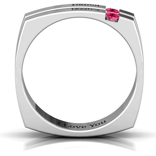 Men's Crevice Grooved Square-shaped Gemstone Ring – Sterling Silver with Ruby