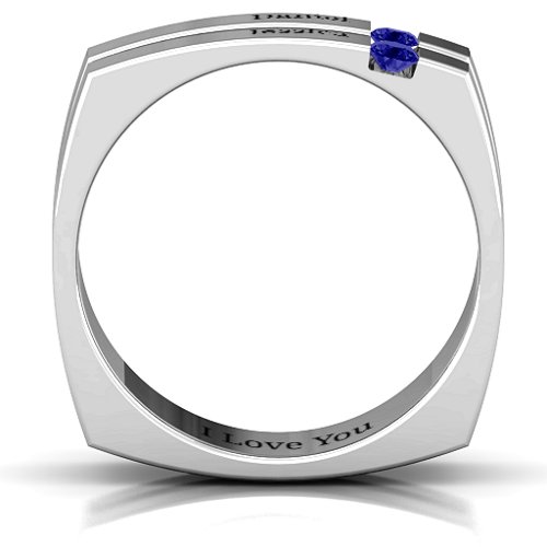 Men's Crevice Grooved Square-shaped Gemstone Ring – Sterling Silver with Blue Sapphire