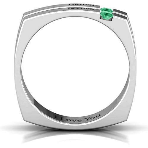 Men's Crevice Grooved Square-shaped Gemstone Ring – Sterling Silver with Emerald