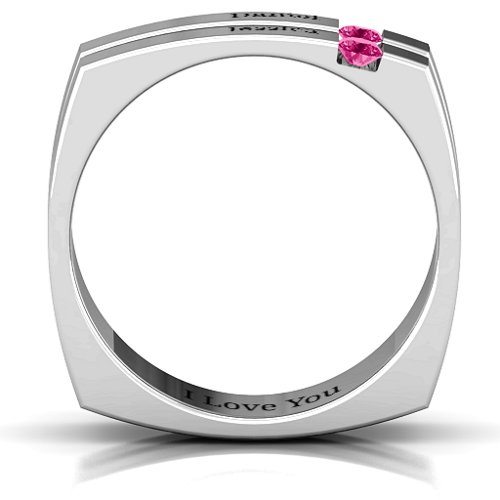 Men's Crevice Grooved Square-shaped Gemstone Ring – Sterling Silver with Ruby