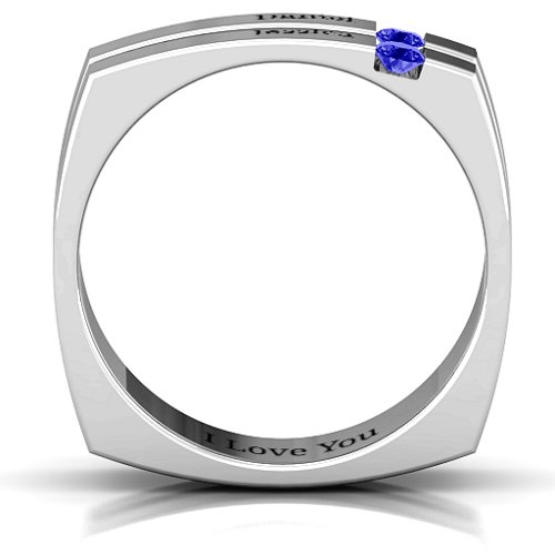 Men's Crevice Grooved Square-shaped Gemstone Ring – Sterling Silver with Blue Sapphire