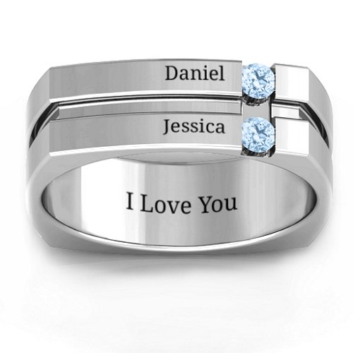 Men's Crevice Grooved Square-shaped Gemstone Ring – Sterling Silver with Aquamarine
