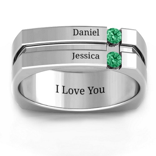 Men's Crevice Grooved Square-shaped Gemstone Ring – Sterling Silver with Emerald