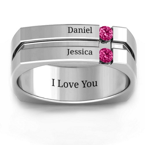 Men's Crevice Grooved Square-shaped Gemstone Ring – Sterling Silver with Ruby