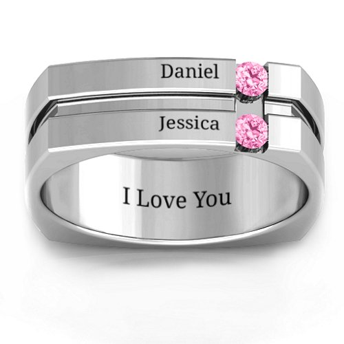 Men's Crevice Grooved Square-shaped Gemstone Ring – Sterling Silver with Pink Tourmaline