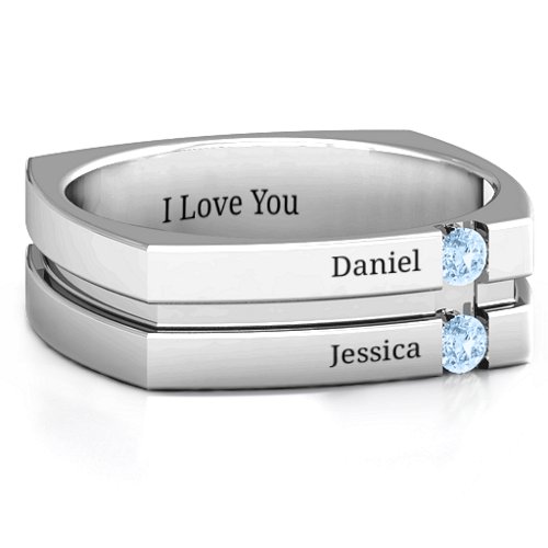 Men's Crevice Grooved Square-shaped Gemstone Ring – Sterling Silver with Aquamarine