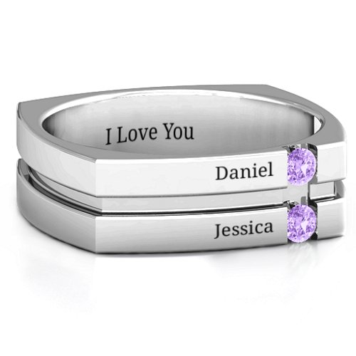 Men's Crevice Grooved Square-shaped Gemstone Ring – Sterling Silver with Amethyst