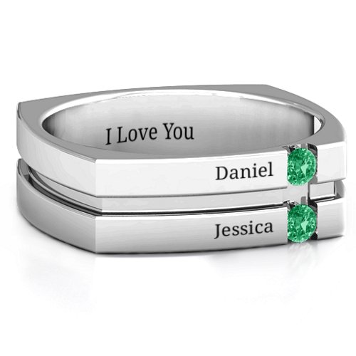 Men's Crevice Grooved Square-shaped Gemstone Ring – Sterling Silver with Emerald