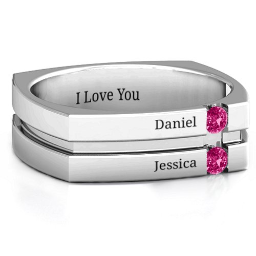 Men's Crevice Grooved Square-shaped Gemstone Ring – Sterling Silver with Ruby