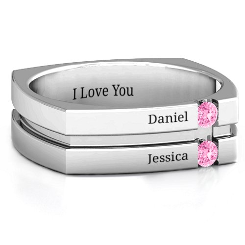 Men's Crevice Grooved Square-shaped Gemstone Ring – Sterling Silver with Pink Tourmaline