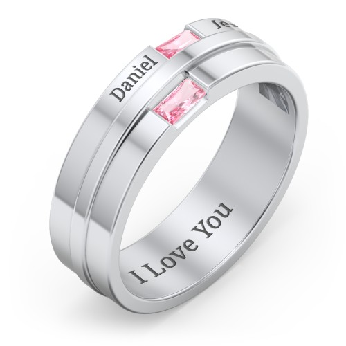 Men's Double Baguette Ring – Sterling Silver with Pink Tourmaline