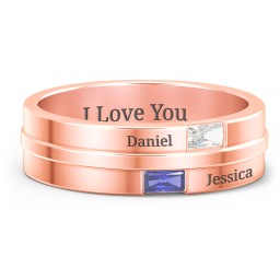 Men's Double Baguette Ring in 10K Solid Rose Gold with Cubic Zirconia and Blue Sapphire