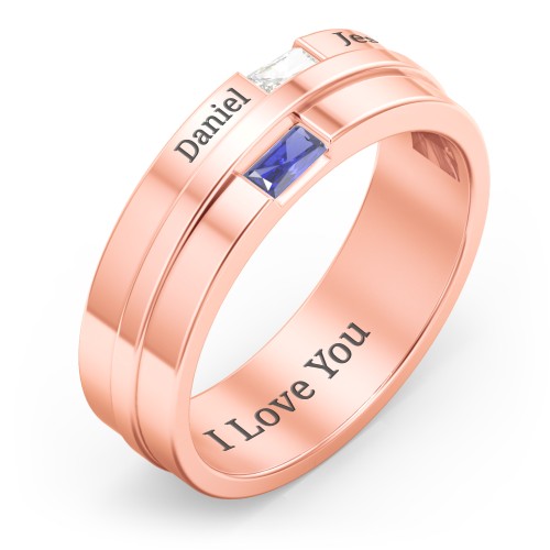 Men's Double Baguette Ring – 10K Rose Gold with Cubic Zirconia and Blue Sapphire