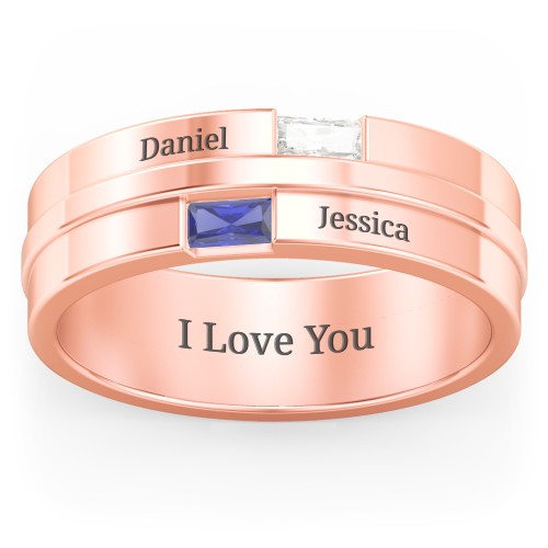 Men's Double Baguette Ring – 10K Rose Gold with Cubic Zirconia and Blue Sapphire