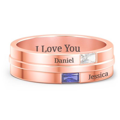 Men's Double Baguette Ring – 10K Rose Gold with Cubic Zirconia and Blue Sapphire