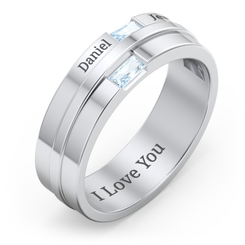 Men's Double Baguette Ring – Sterling Silver with Aquamarine