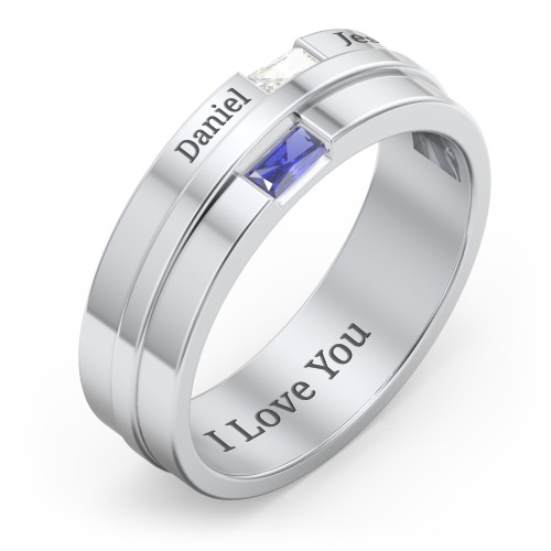 Men's Double Baguette Ring – Sterling Silver with Cubic Zirconia and Blue Sapphire