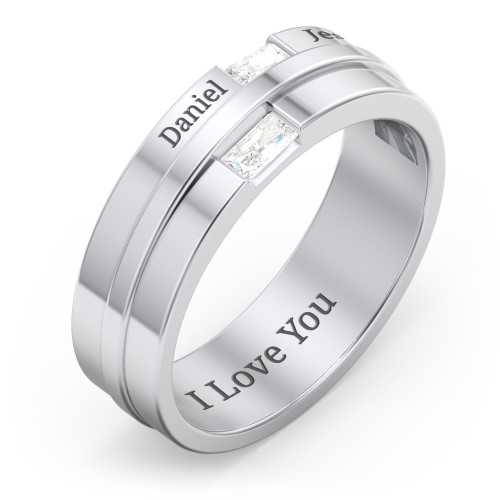 Men's Double Baguette Ring – Sterling Silver with Diamond