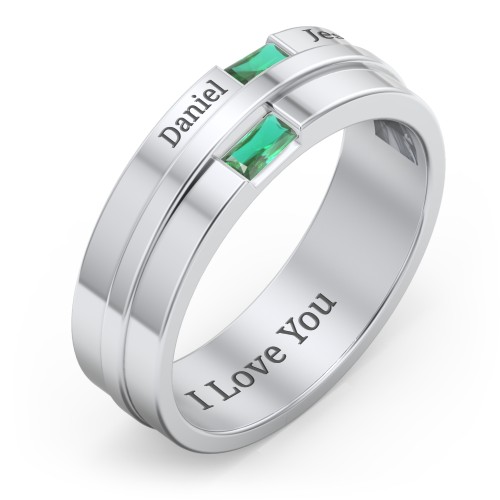 Men's Double Baguette Ring – Sterling Silver with Emerald