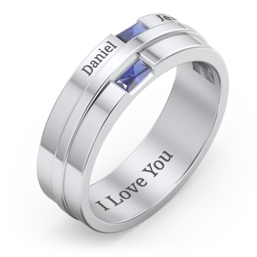 Men's Double Baguette Ring – Sterling Silver with Blue Sapphire