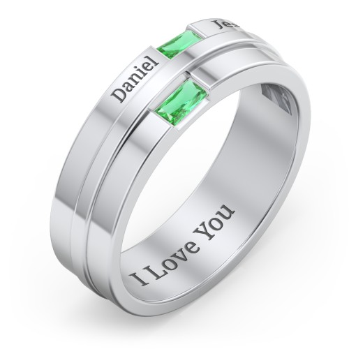Men's Double Baguette Ring – Sterling Silver with Emerald