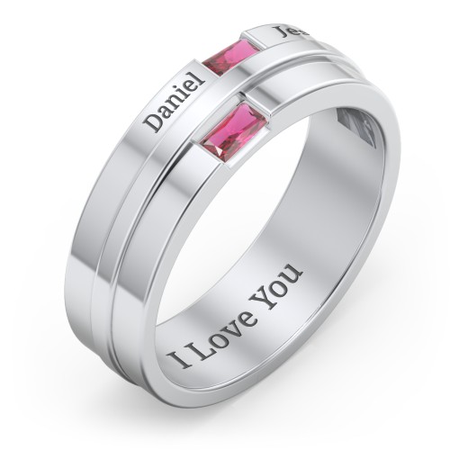 Men's Double Baguette Ring – Sterling Silver with Ruby