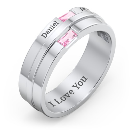 Men's Double Baguette Ring – Sterling Silver with Pink Tourmaline