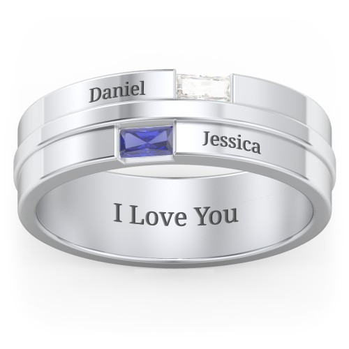 Men's Double Baguette Ring – Sterling Silver with Cubic Zirconia and Blue Sapphire