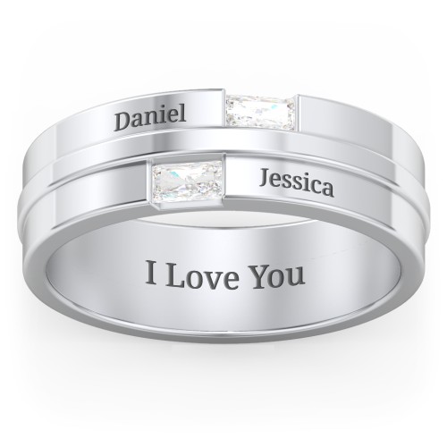 Men's Double Baguette Ring – Sterling Silver with Diamond