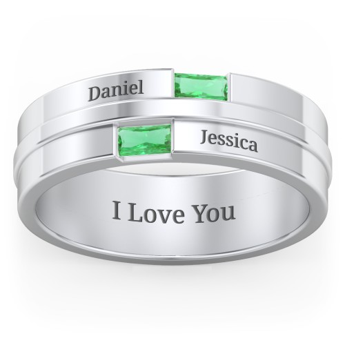 Men's Double Baguette Ring – Sterling Silver with Emerald