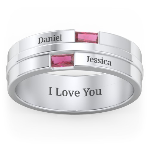 Men's Double Baguette Ring – Sterling Silver with Ruby