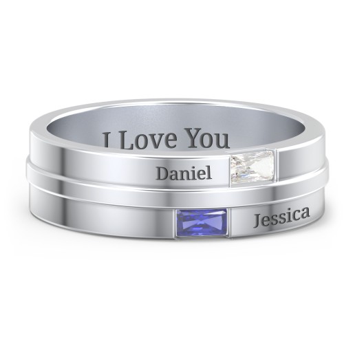 Men's Double Baguette Ring – Sterling Silver with Cubic Zirconia and Blue Sapphire