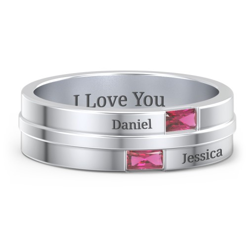 Men's Double Baguette Ring – Sterling Silver with Ruby