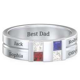 Men's Engravable 4 Stone Grooved Ring in 925 Sterling Silver with White Premium Zirconia, Garnet, Blue Sapphire, and Cubic Zirconia